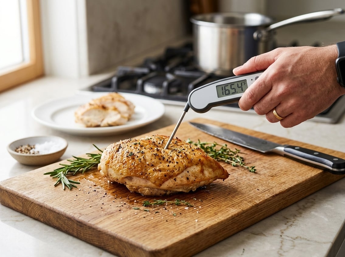 Close-up of a hand holding a digital meat thermometer inserted into a cooked chicken breast on a cutting board in a kitchen.
