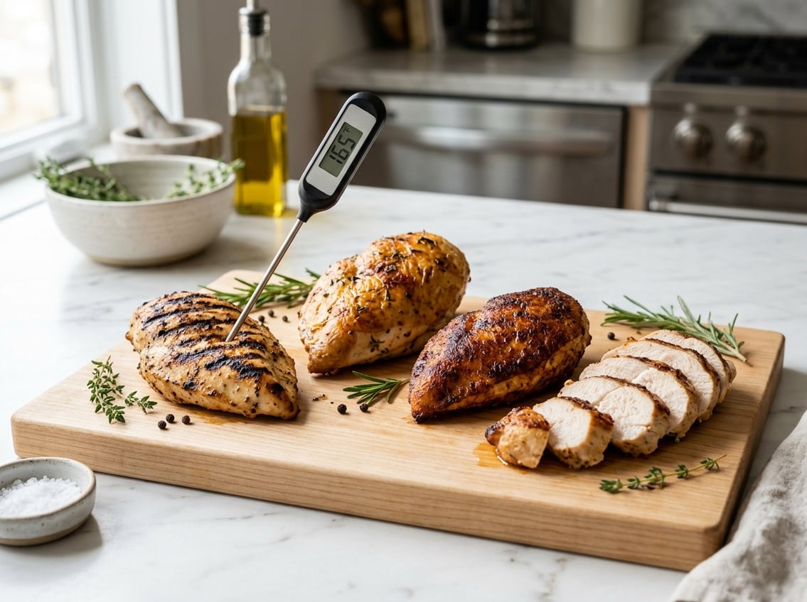 Close-up of different cooked chicken breasts prepared by various methods on a white cutting board with a meat thermometer showing the safe internal temperature.