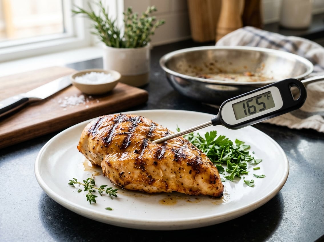 Close-up of a cooked chicken breast on a plate with a digital meat thermometer showing the temperature, set on a kitchen countertop with cooking utensils and fresh herbs.