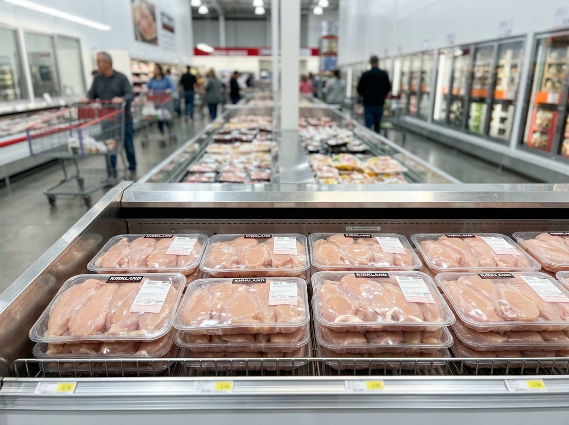 Packaged Kirkland chicken breasts displayed on a refrigerated shelf inside a Costco store with shoppers and aisles in the background.