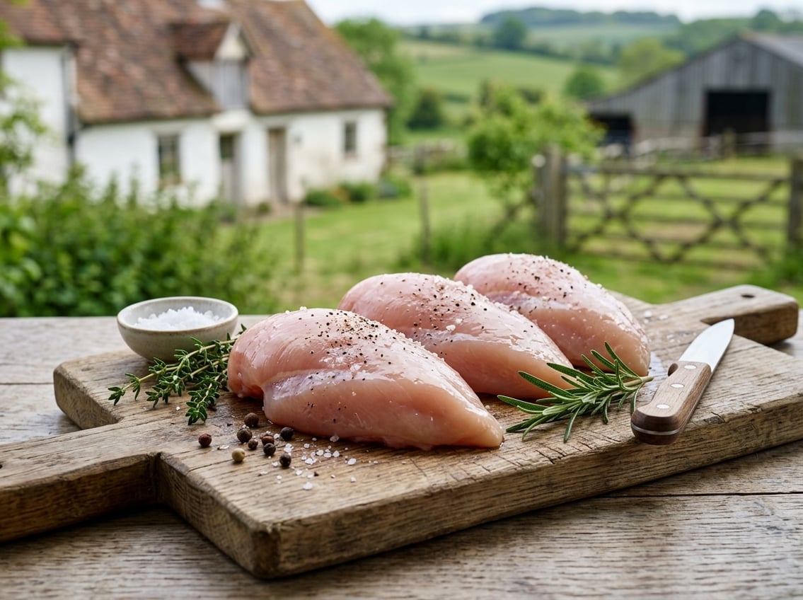Close-up of fresh raw chicken breasts on a wooden cutting board with a farmhouse and green fields in the background.