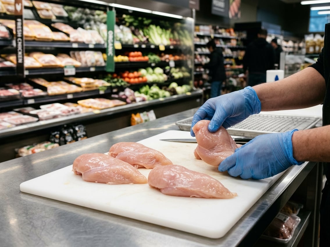Close-up of fresh raw chicken breasts on a cutting board with hands inspecting them in a bright kitchen.