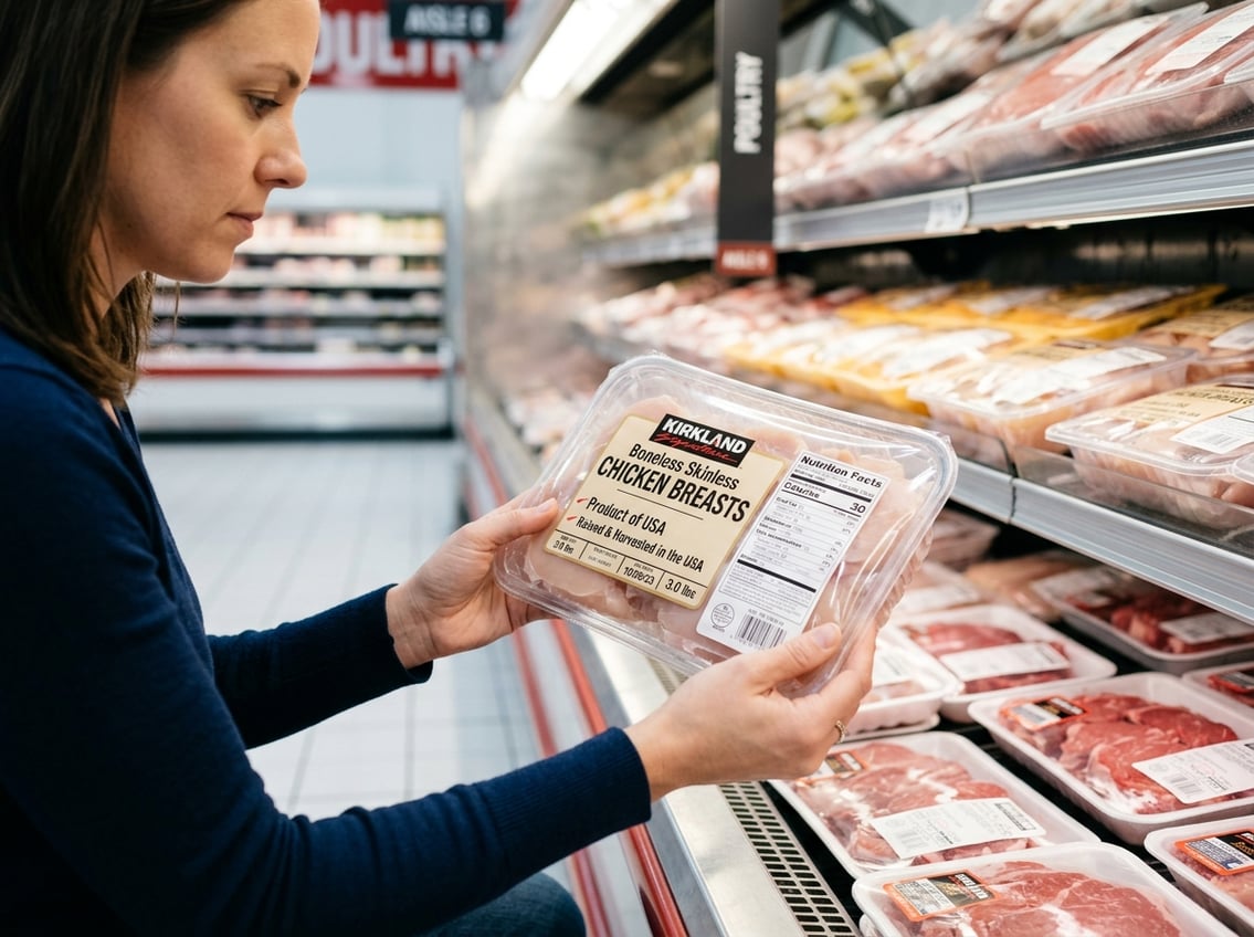 Hands holding a package of Kirkland chicken breasts, examining the label in a bright kitchen or grocery store.
