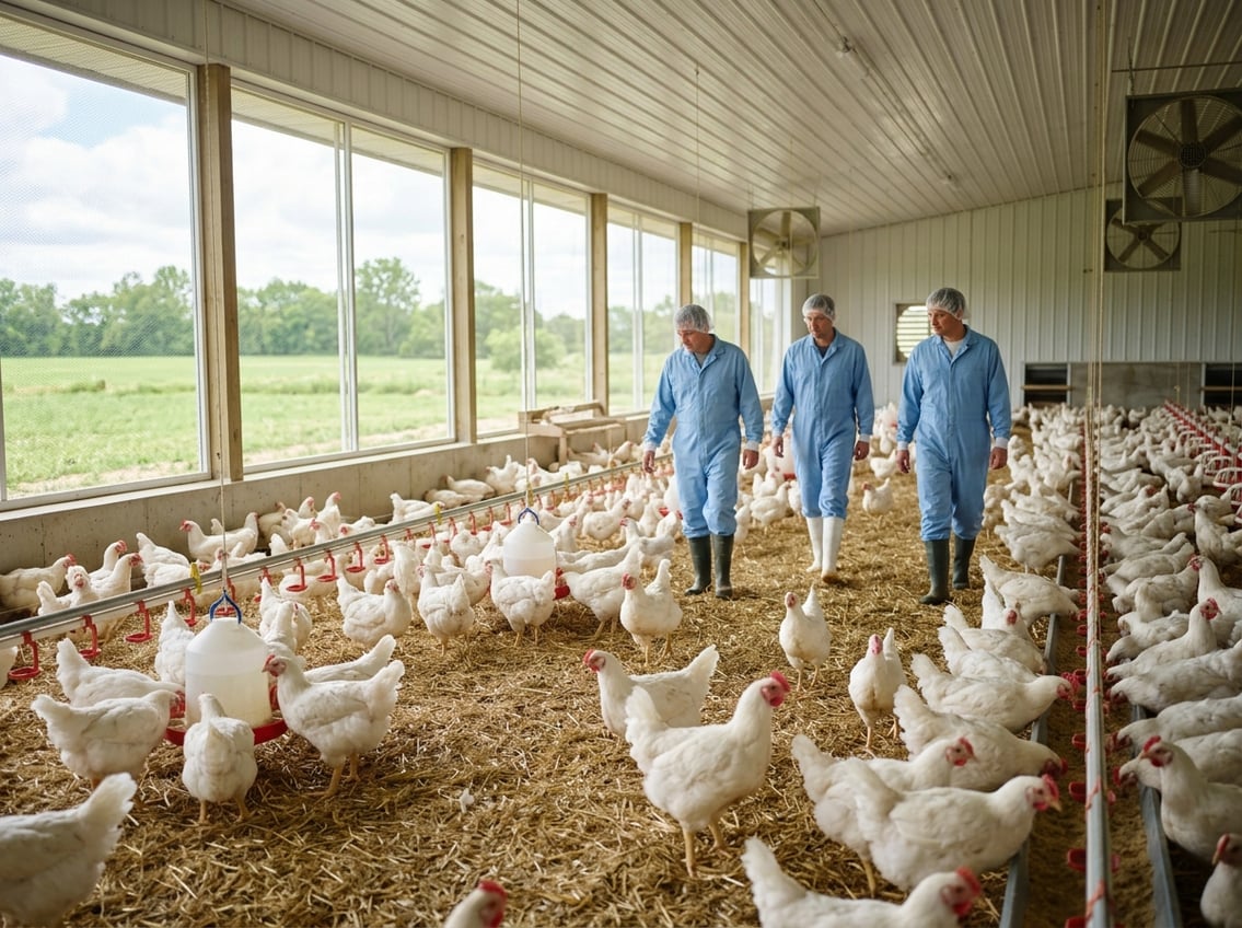 A poultry farm with white chickens and farm workers tending to them inside a spacious, well-lit barn.