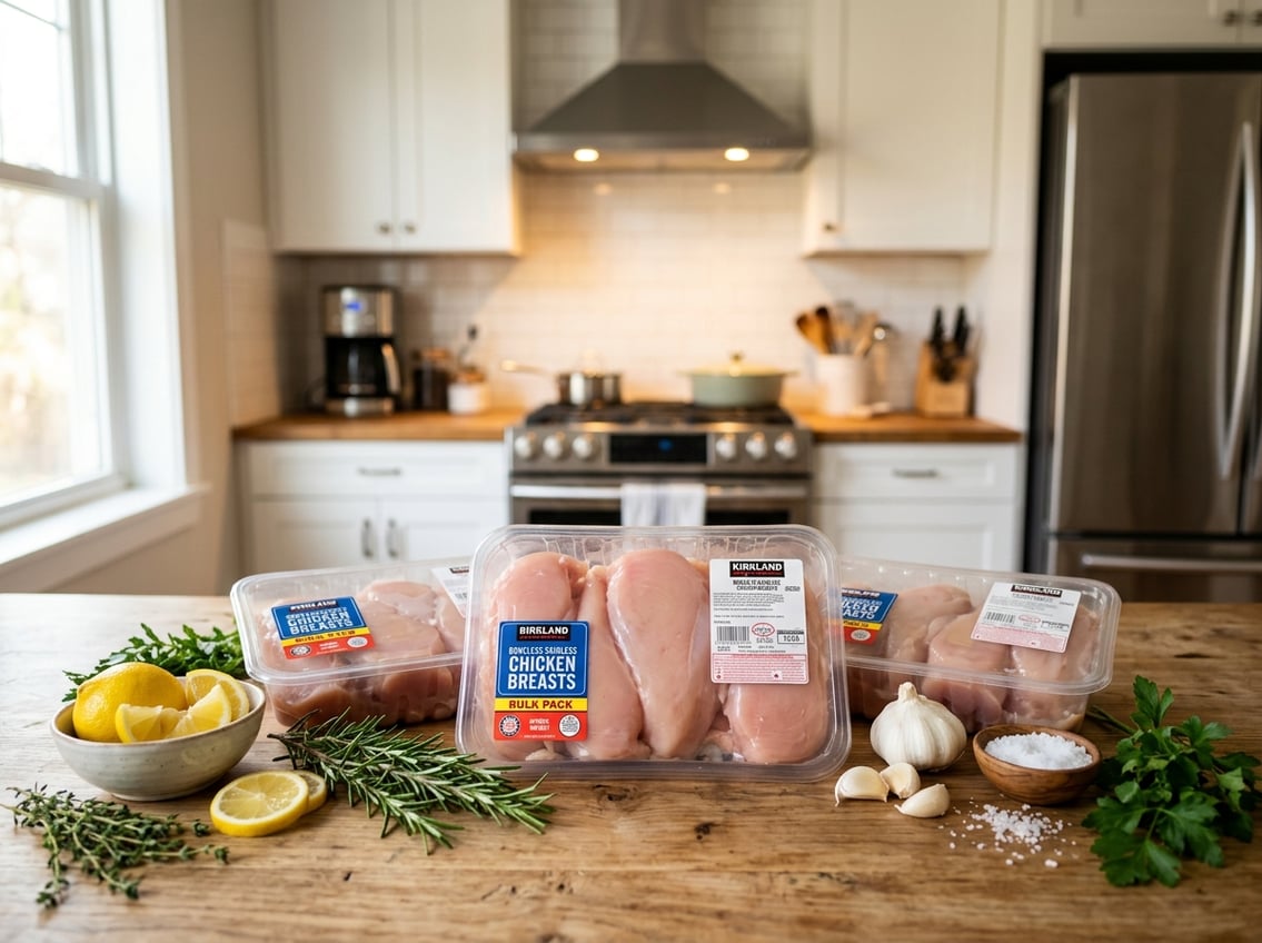 Various packaged Costco chicken breast products displayed on a kitchen countertop with fresh herbs and lemon slices nearby.