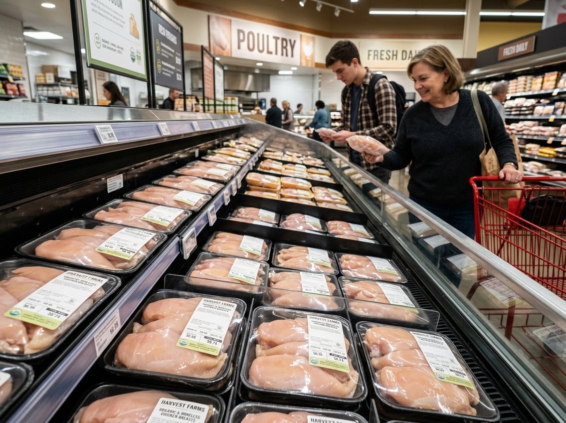 Shoppers looking at fresh packaged chicken breasts in a grocery store poultry section with quality labels visible on the packages.