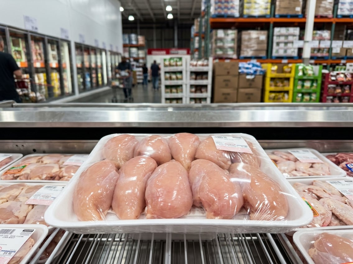 Close-up of fresh raw chicken breasts displayed on a white tray in a bright supermarket setting.