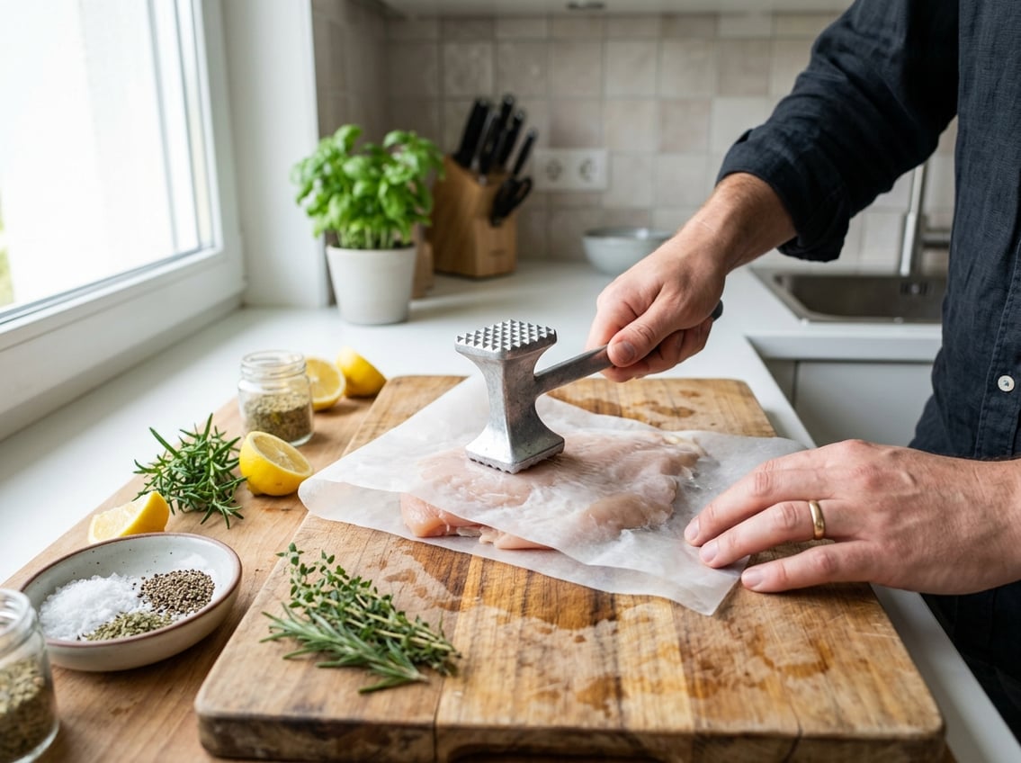 Hands flattening a raw chicken breast with a meat mallet on a wooden cutting board in a kitchen.