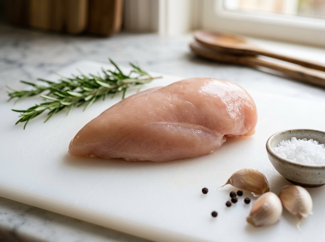 Close-up of a raw chicken breast placed smooth side up on a cutting board with herbs and garlic nearby.