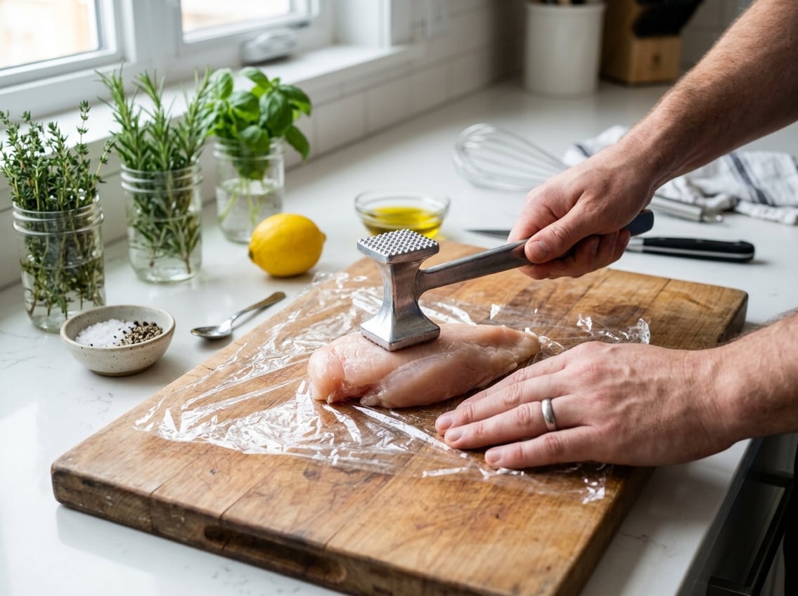 Hands pounding a raw chicken breast on a cutting board with a meat mallet in a kitchen setting.