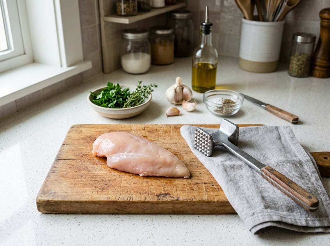 A raw chicken breast on a wooden cutting board with a meat mallet and fresh ingredients on a kitchen countertop.