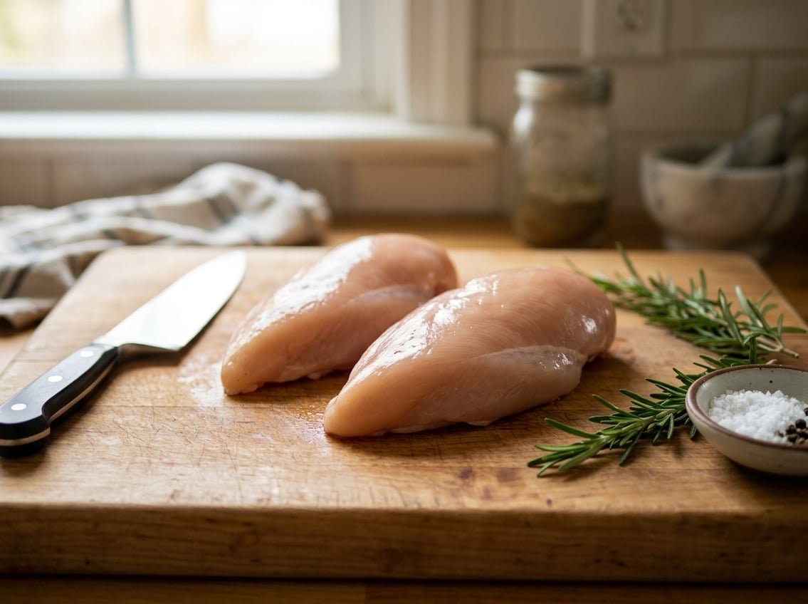 Close-up of raw chicken breasts on a wooden cutting board with kitchen utensils and herbs nearby.