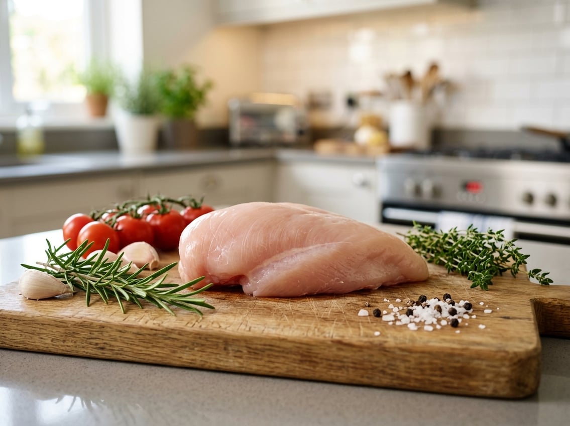 Close-up of a raw chicken breast placed smooth side up on a wooden cutting board with fresh herbs and garlic around it in a kitchen.