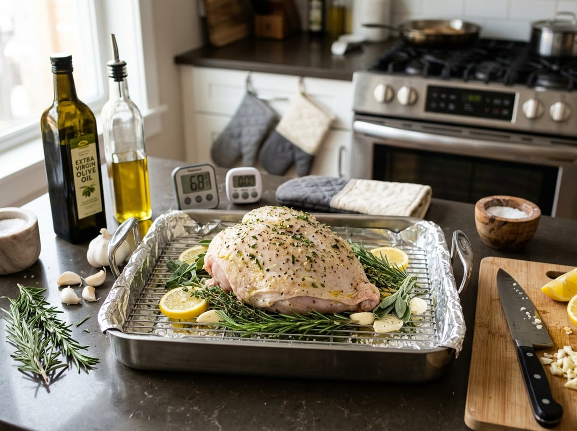 A raw chicken breast placed skin-side up on a roasting pan with herbs and lemon slices in a kitchen setting with fresh ingredients and cooking tools nearby.