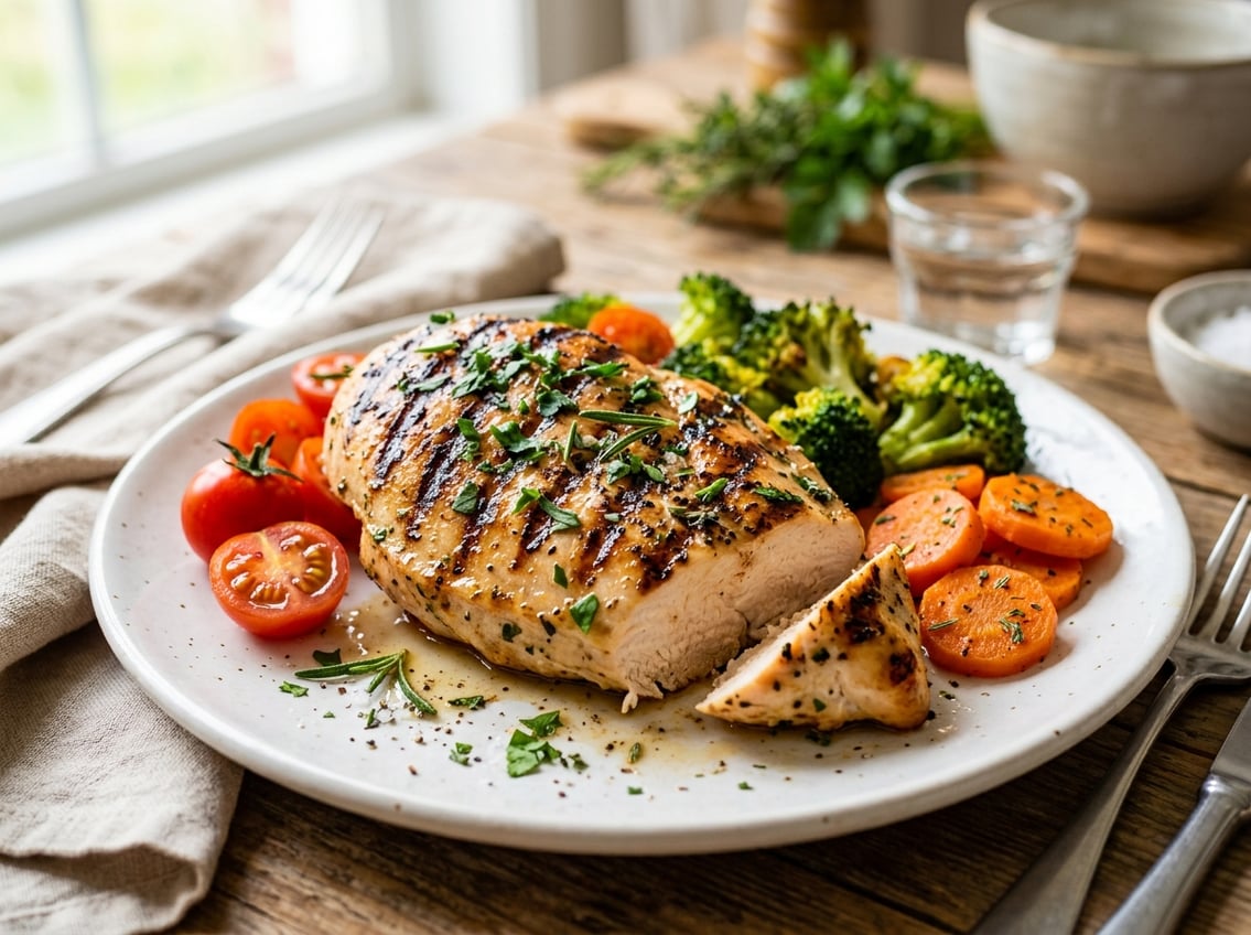 A close-up of a cooked chicken breast garnished with herbs, served with fresh vegetables on a white plate.