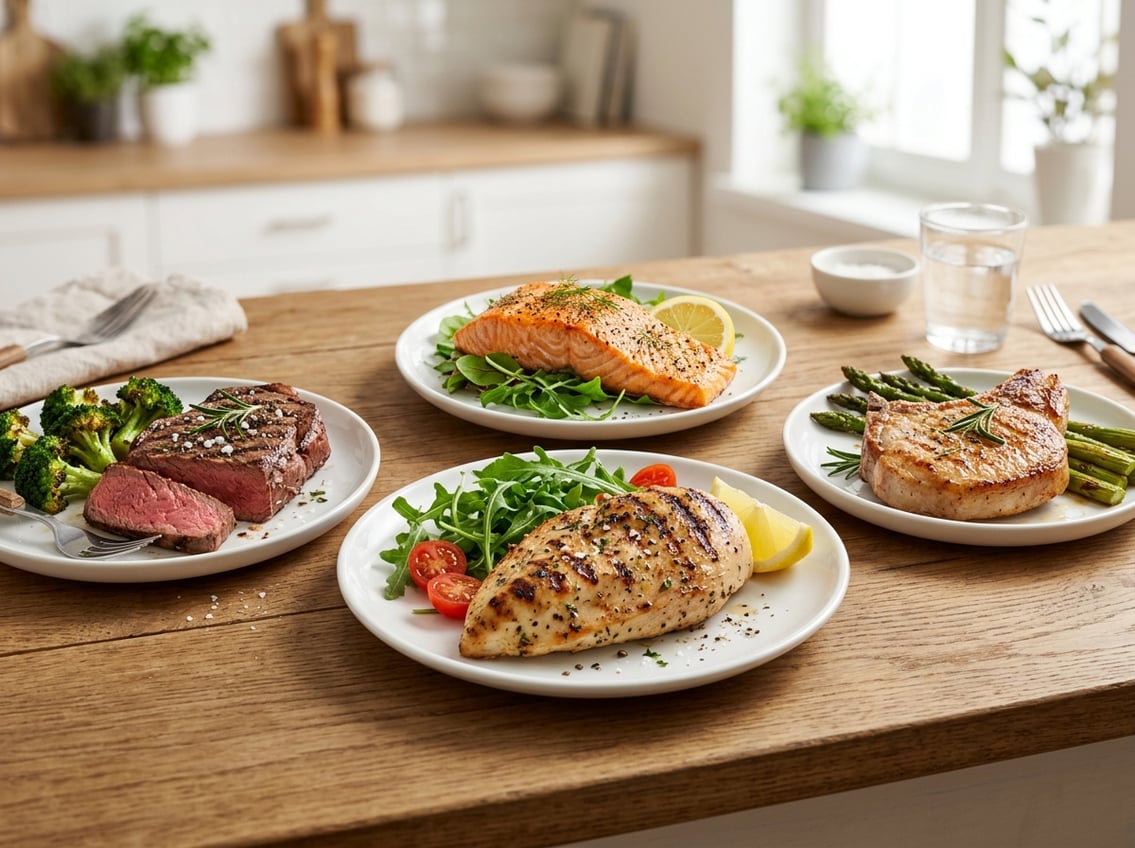 A table displaying cooked chicken breast, steak, salmon, and pork chop with fresh vegetables arranged for comparison.