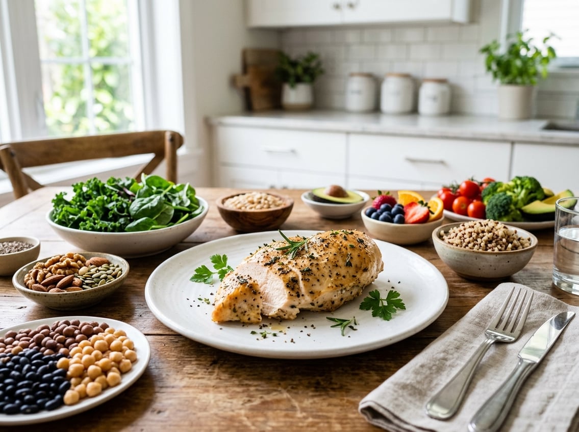 A cooked chicken breast on a white plate surrounded by bowls of leafy greens, nuts, legumes, whole grains, and fruits on a kitchen table.