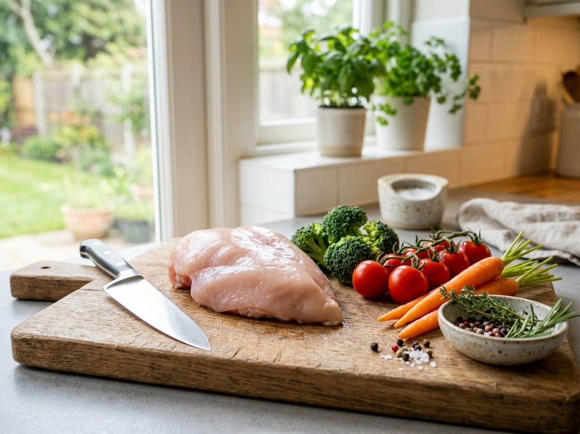 A raw chicken breast on a cutting board surrounded by fresh vegetables and herbs in a bright kitchen.