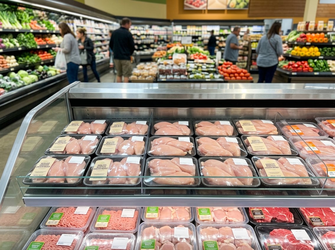 Fresh raw chicken breasts displayed in a clean, well-lit supermarket refrigerator with other fresh food products nearby.