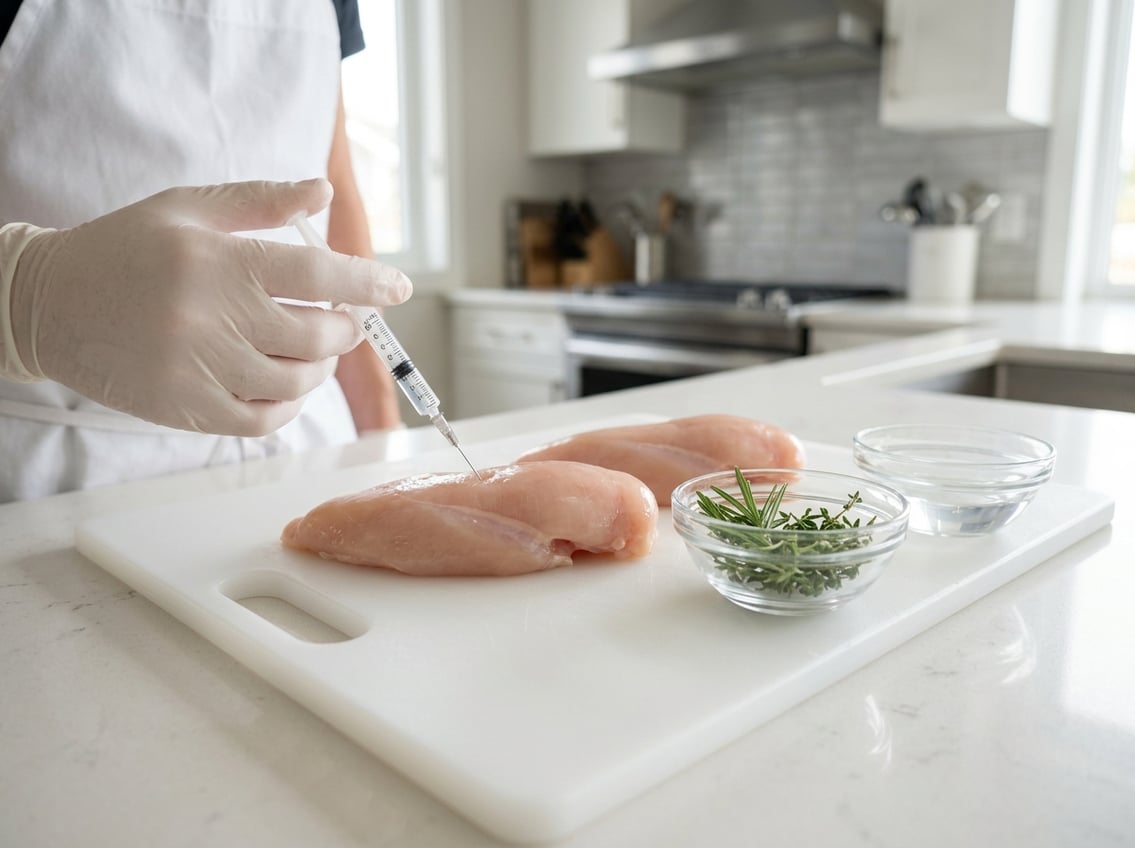 Close-up of raw chicken breasts on a cutting board with a syringe injecting clear liquid, surrounded by small containers of saline solution and herbs in a kitchen.