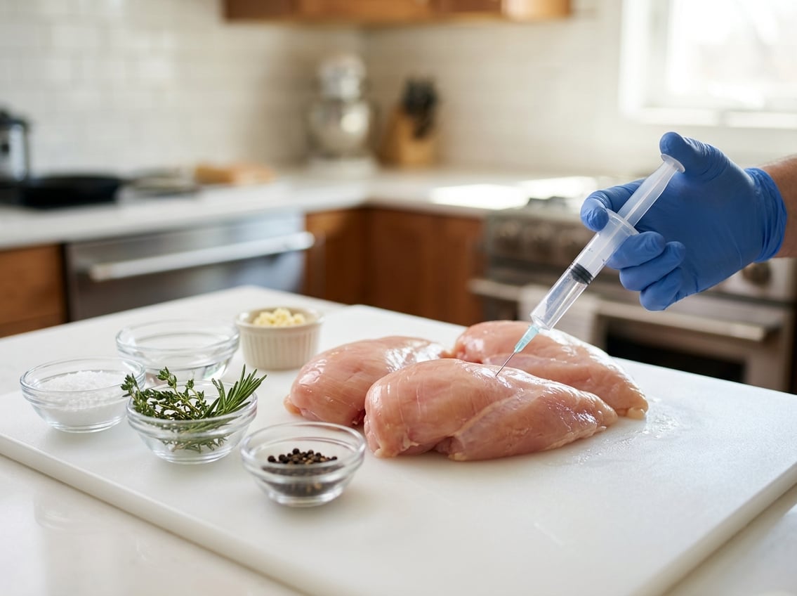 Close-up of raw chicken breasts on a cutting board with a gloved hand holding a syringe ready to inject liquid into the meat, with small bowls of ingredients nearby.
