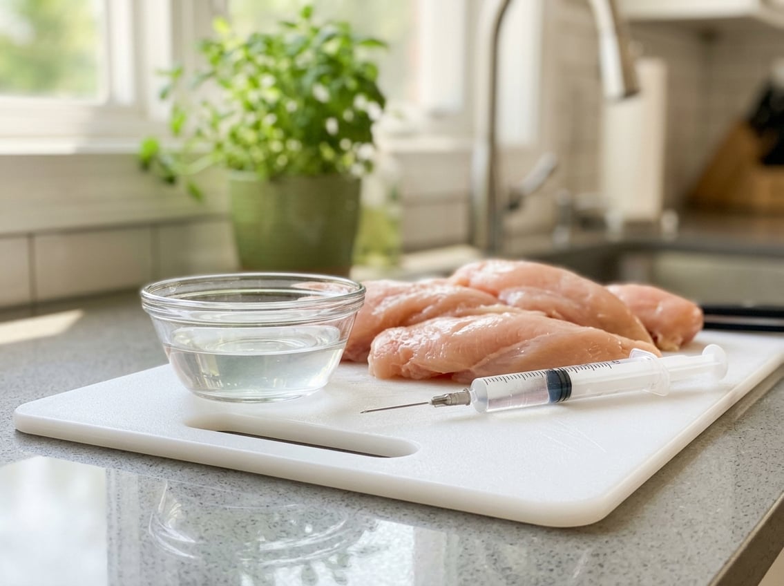 Close-up of raw chicken breasts on a cutting board with a syringe and a small bowl of clear liquid nearby.