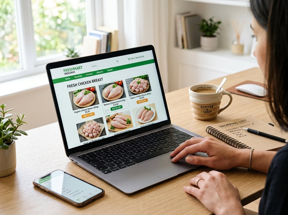 A person using a laptop to shop for chicken breast online at a bright, organized workspace with a smartphone, notepad, and coffee cup nearby.