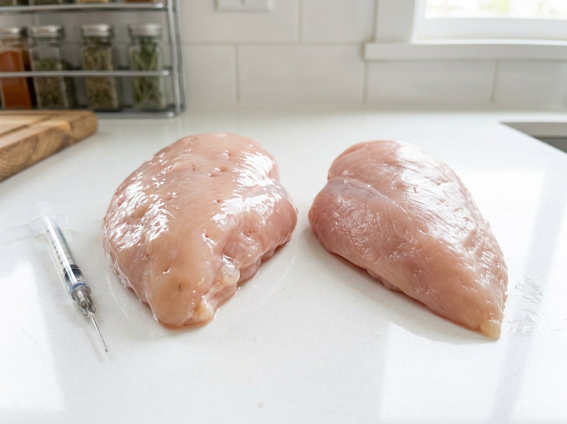 Two raw chicken breasts side by side on a white surface, one with a syringe nearby indicating injection, the other plain and natural.