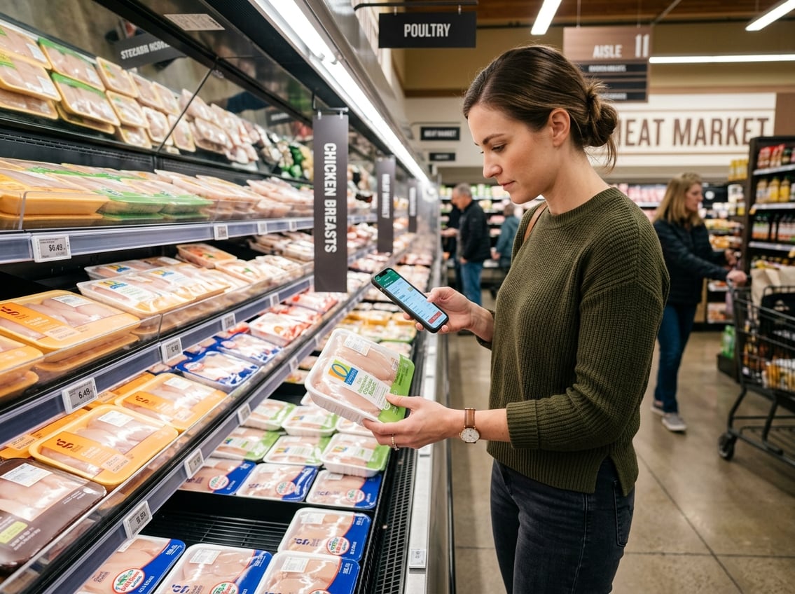 A person in a grocery store looking at packaged chicken breasts while holding a smartphone.