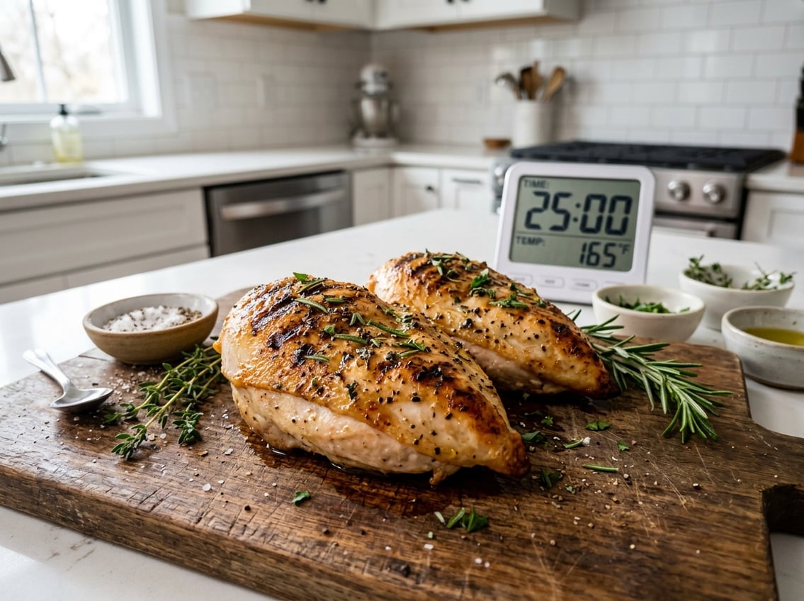 Close-up of cooked chicken breasts on a cutting board with fresh herbs and a kitchen timer in the background.