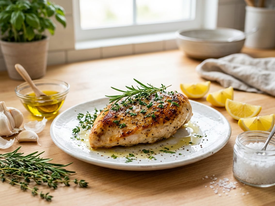 A juicy cooked chicken breast garnished with herbs on a white plate with cooking ingredients nearby on a kitchen countertop.