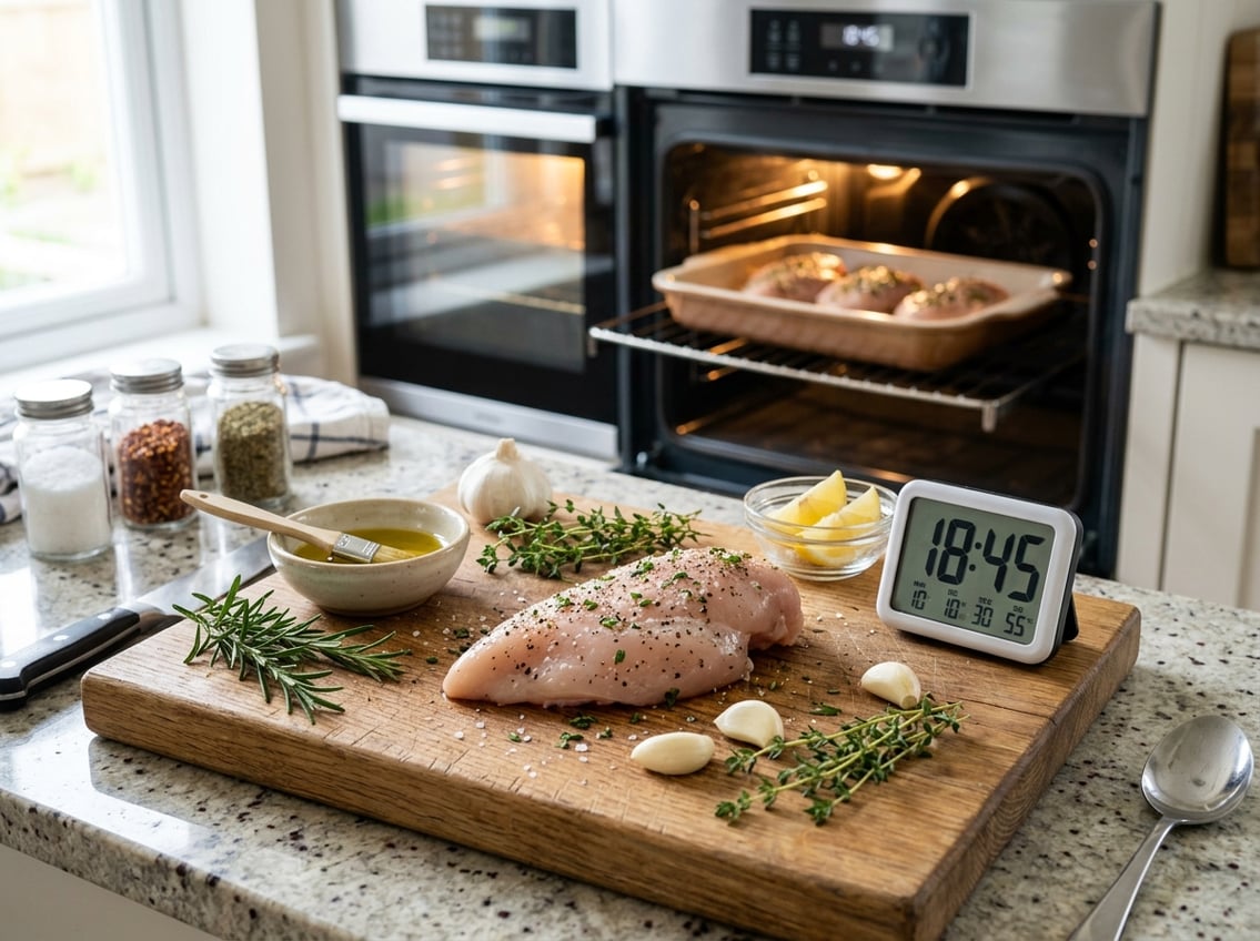 Close-up of raw chicken breast on a cutting board with herbs, garlic, olive oil, and a kitchen timer, with an oven and baking tray in the background.