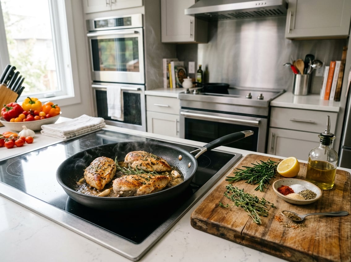 A kitchen stovetop with chicken breasts cooking in a skillet surrounded by fresh herbs and vegetables on the countertop.