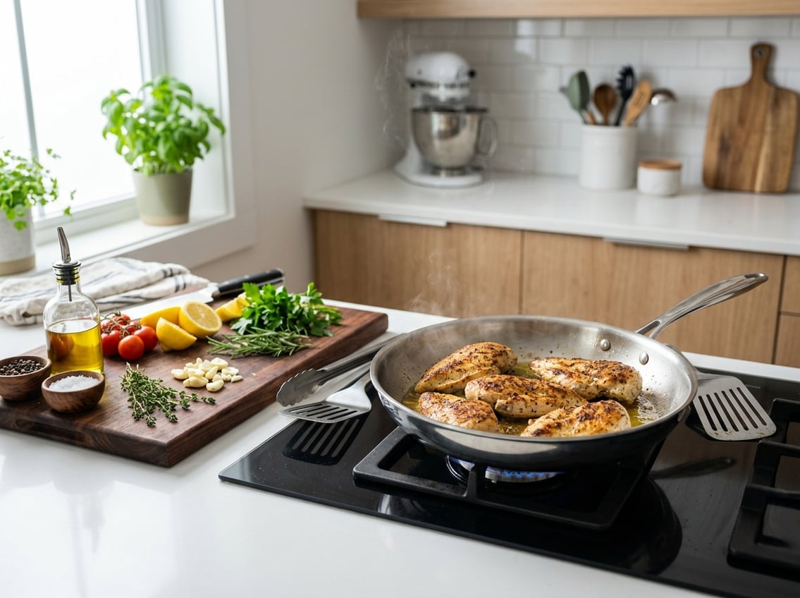 A stovetop with chicken breasts cooking in a skillet surrounded by fresh ingredients and kitchen utensils in a bright kitchen.
