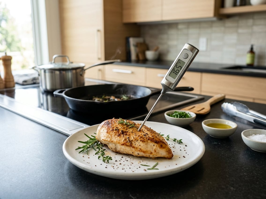 Close-up of a cooked chicken breast on a plate with a kitchen thermometer inserted, set in a modern kitchen with cooking utensils and stovetop visible in the background.