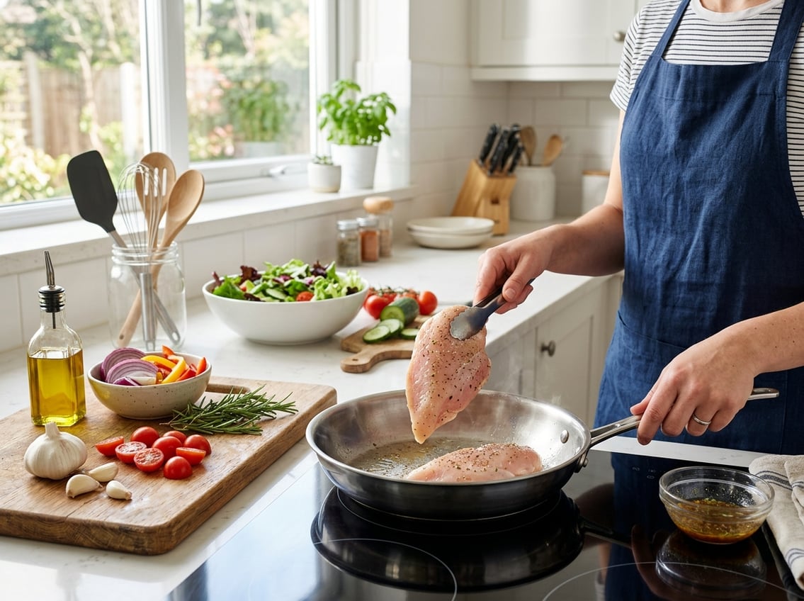 Hands placing raw chicken breasts into a pan on a stovetop in a bright kitchen with fresh ingredients nearby.