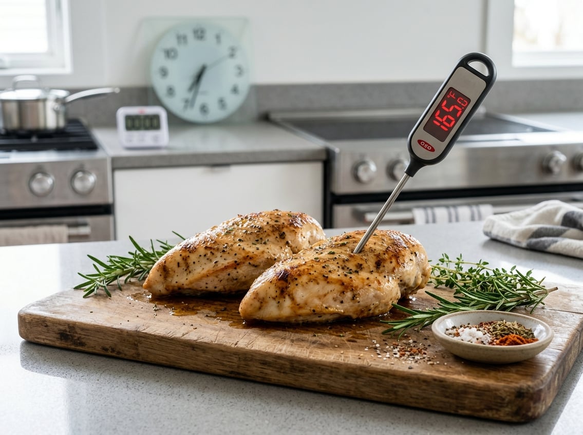 Close-up of cooked chicken breasts on a cutting board with a meat thermometer, fresh herbs, and a kitchen timer in the background.