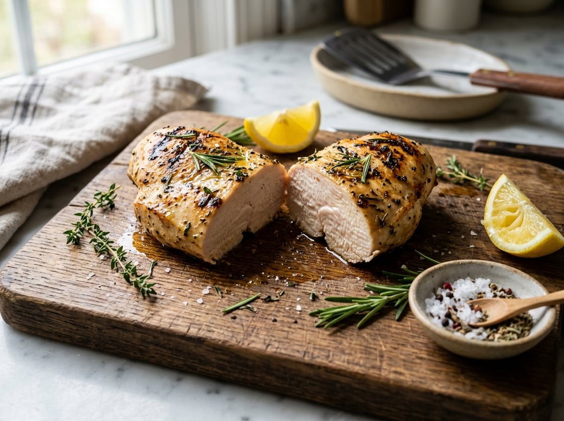 A cooked chicken breast sliced to show juicy interior on a wooden cutting board with herbs and lemon wedges nearby.