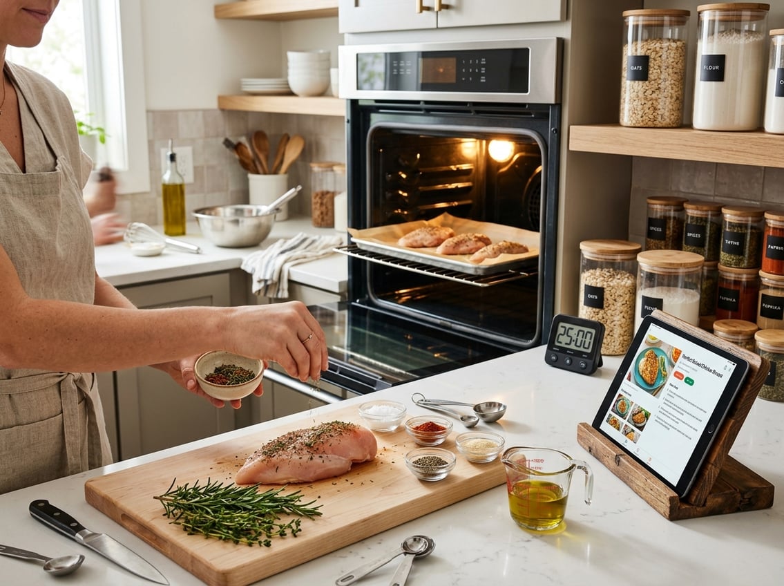 A kitchen countertop with raw chicken breast on a cutting board surrounded by herbs, spices, kitchen tools, and a preheated oven in the background.