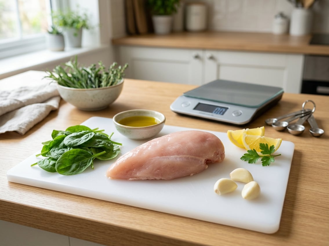 Fresh raw chicken breast on a white cutting board with spinach, lemon slices, garlic, and olive oil in a bright kitchen setting.