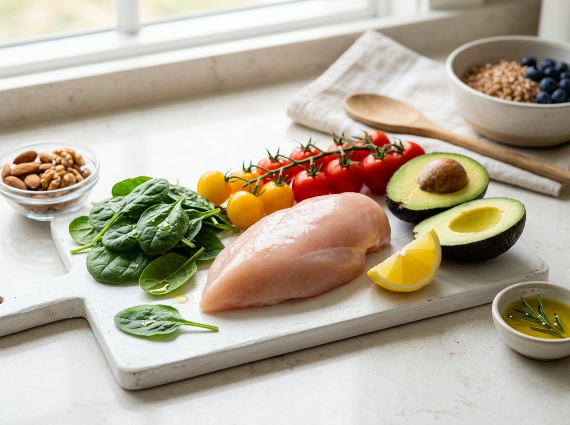 Fresh raw chicken breast on a white cutting board surrounded by fresh vegetables like spinach, cherry tomatoes, avocado, and lemon on a kitchen countertop.