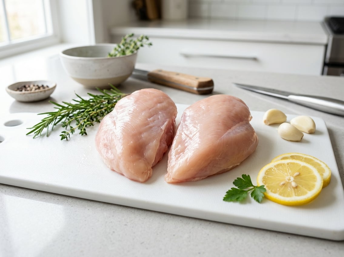 Two halves of a raw chicken breast on a white cutting board with herbs, garlic, and lemon slices on a kitchen countertop.