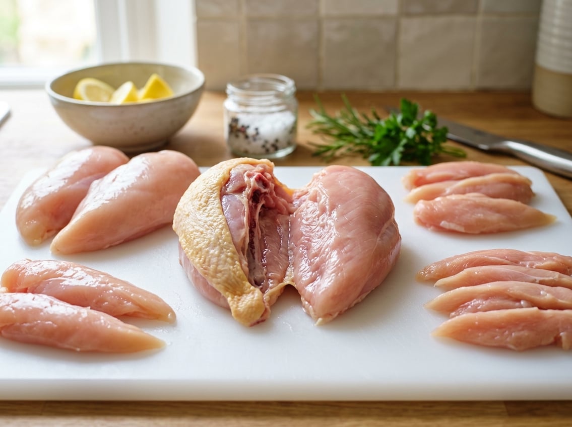 Close-up of different raw chicken breast cuts on a cutting board, highlighting a split chicken breast separated into two halves.