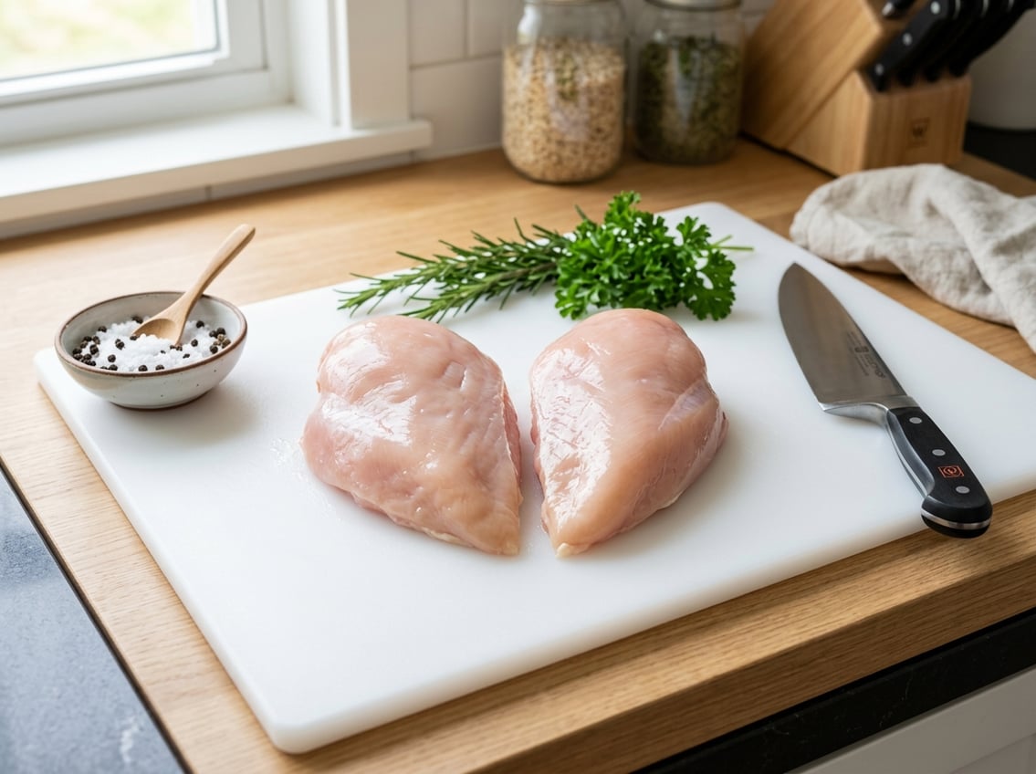 Fresh raw chicken breast split into two halves on a white cutting board with a knife and fresh herbs nearby.