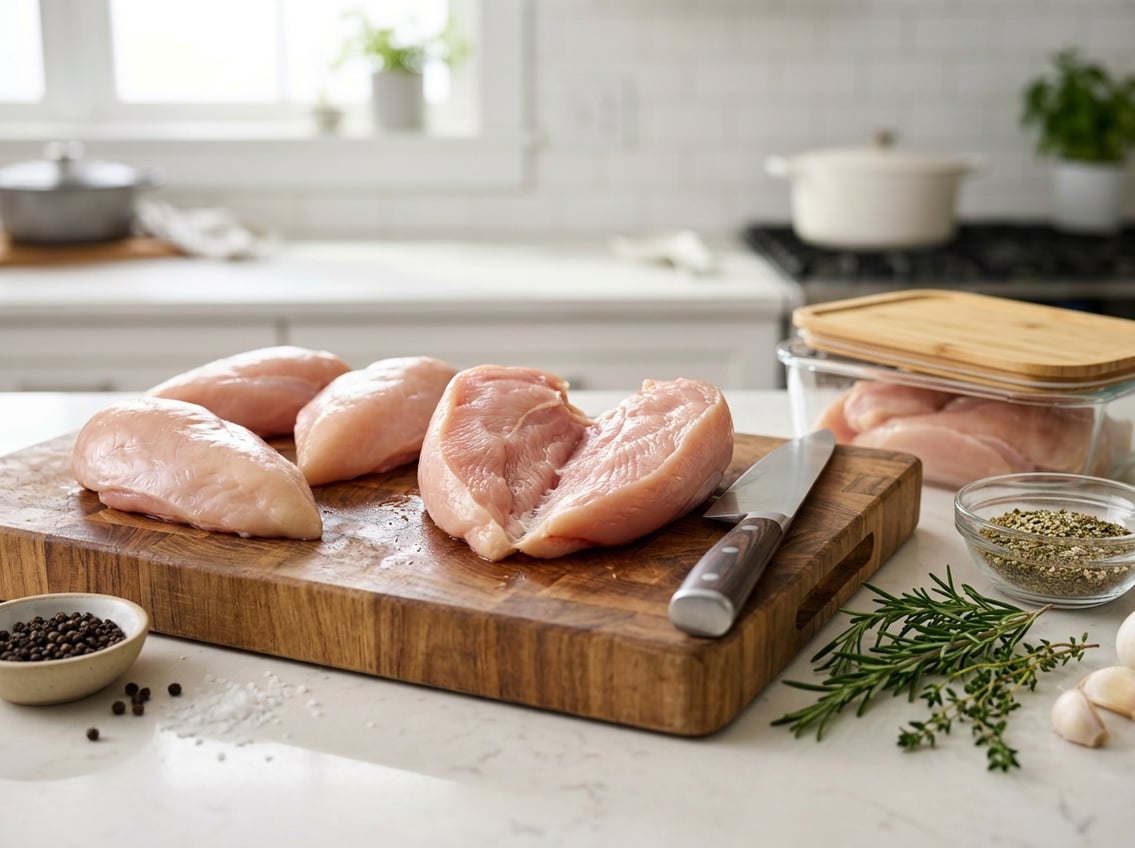 A kitchen countertop with fresh raw chicken breasts, one split open, alongside herbs, a knife, and a glass storage container.