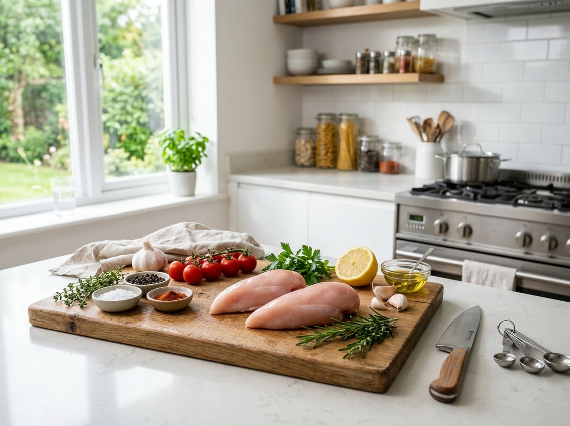 Fresh raw chicken breasts on a wooden cutting board surrounded by fresh ingredients and spices in a bright kitchen.