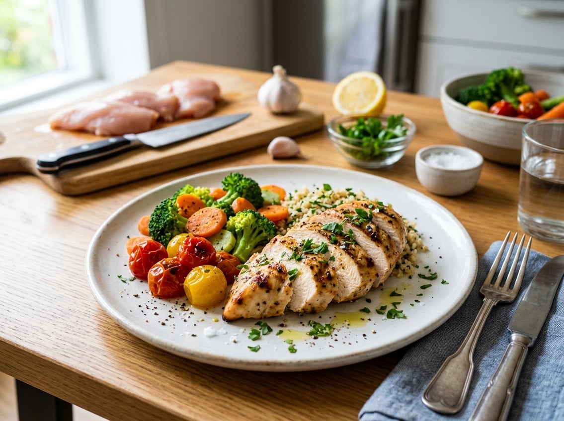 A plate with sliced grilled chicken breast and steamed vegetables on a kitchen table with fresh ingredients in the background.