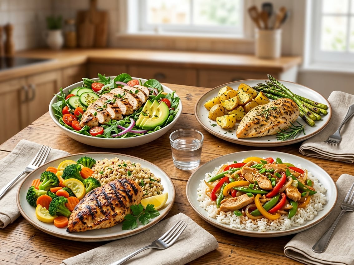 A table displaying several plates with different chicken breast meals including grilled chicken with vegetables, stir-fry, salad, and baked chicken with potatoes.