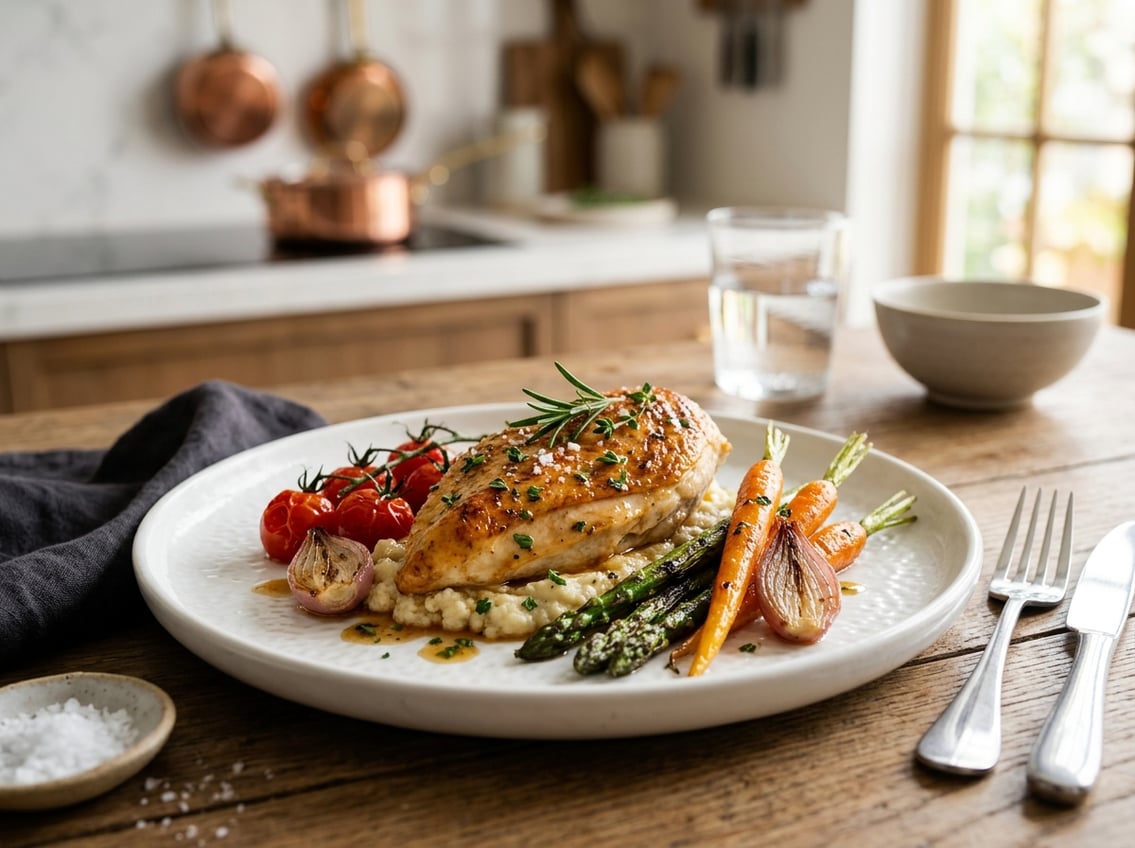 A plated chicken breast dish with roasted vegetables on a white plate in a bright kitchen setting.