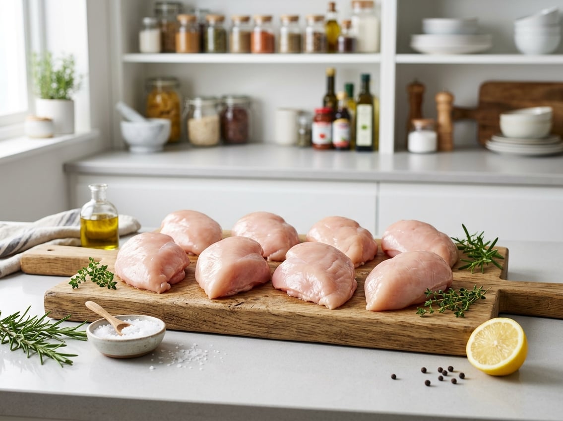 Fresh raw chicken breasts on a wooden cutting board with herbs and lemon in a modern kitchen.